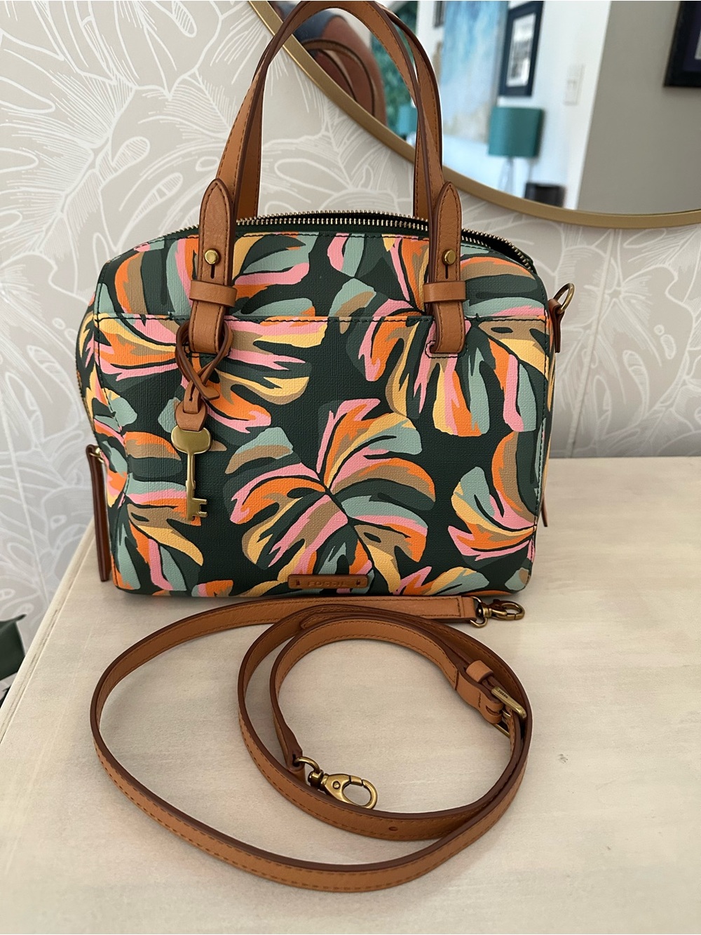Fossil Tropical Leaf Print Satchel Handbag